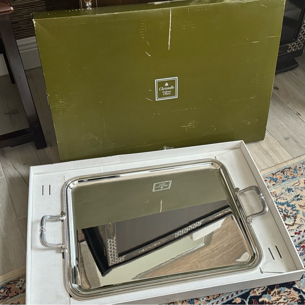 Mid Century Era Christofle Silver Plated Serving Tray with Stylized Rope Border